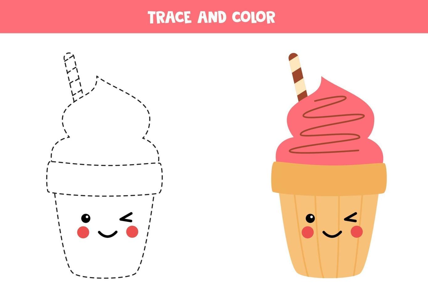 Tracing lines with cute cartoon ice cream cone. vector