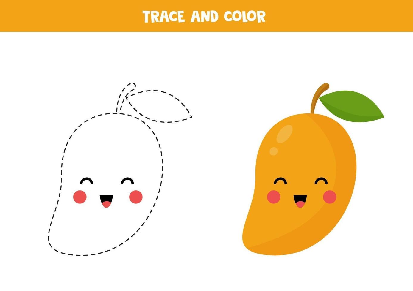 Tracing and coloring cute cartoon kawaii mango. vector