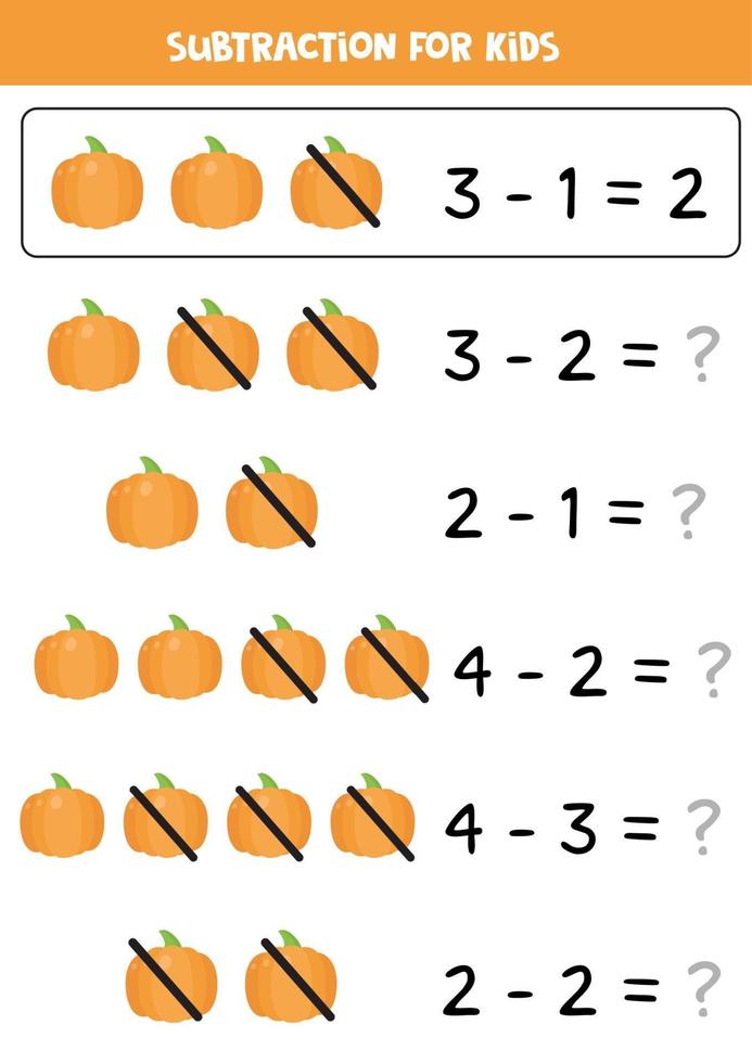 Subtraction with cartoon vector pumpkin. Educational math game.