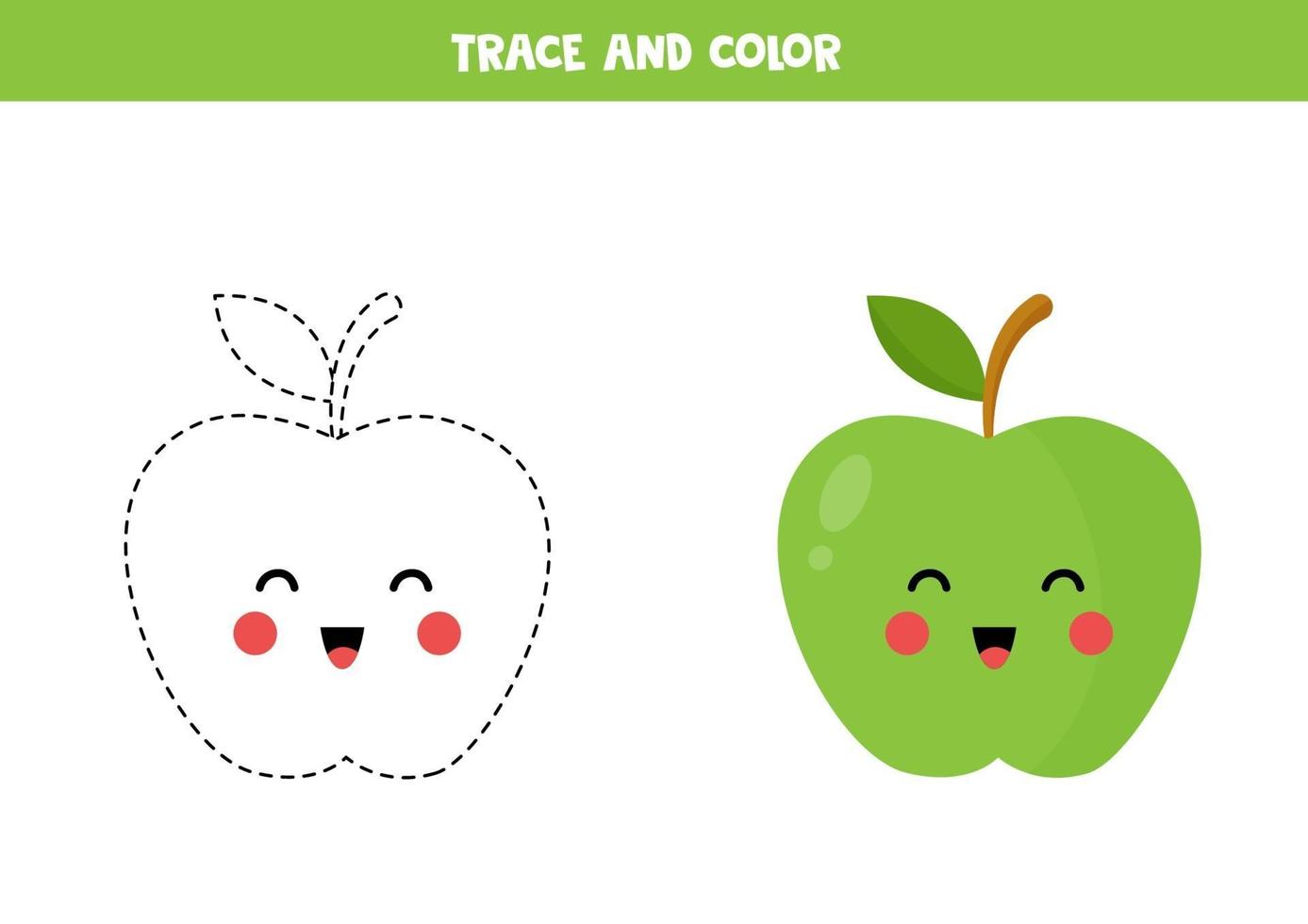 Trace and color cute kawaii green apple. Educational worksheet. vector