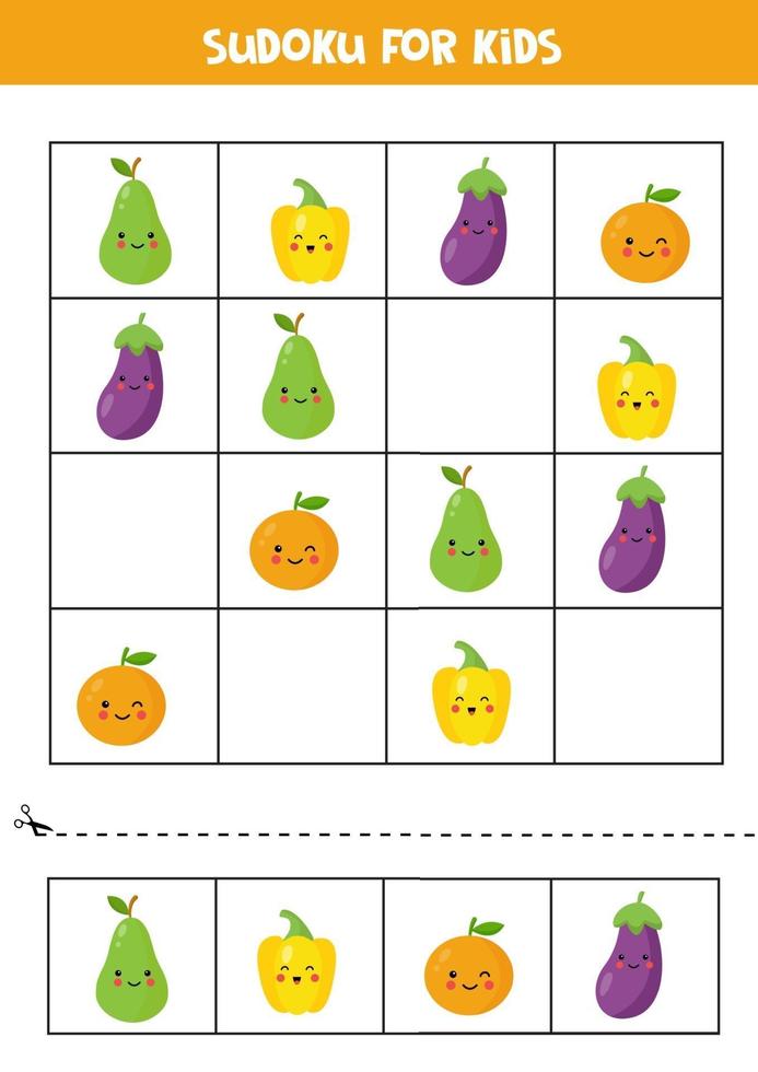 Sudoku for kids with cute kawaii fruits. vector