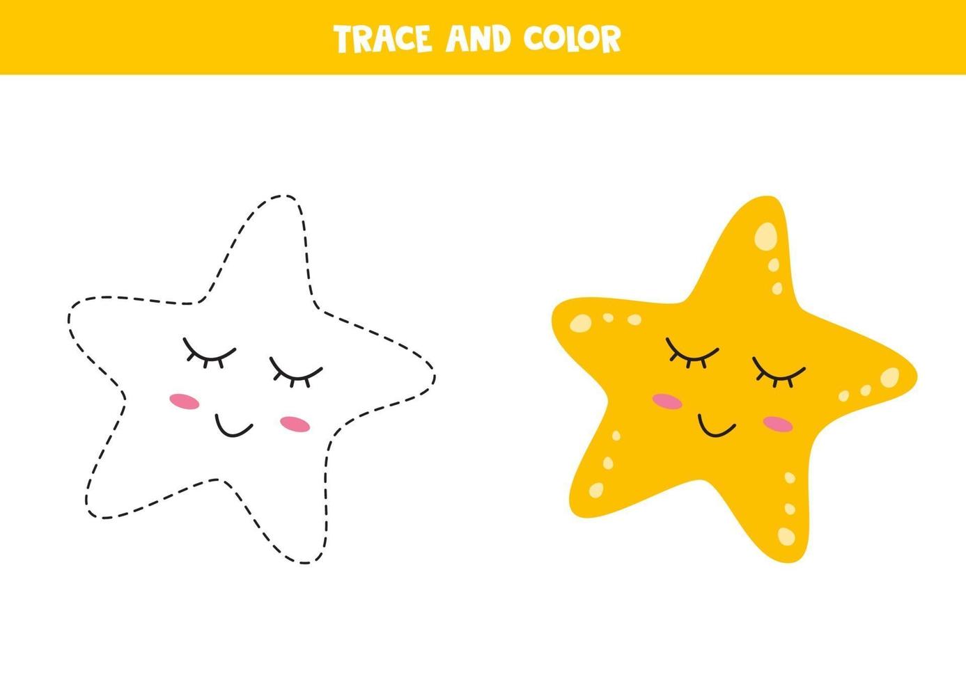 Trace and color cute kawaii sea star. Writing skills. vector