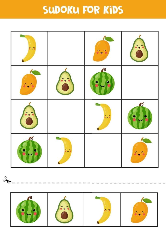 sudoku con lindas frutas kawaii. rompecabezas para niños. vector