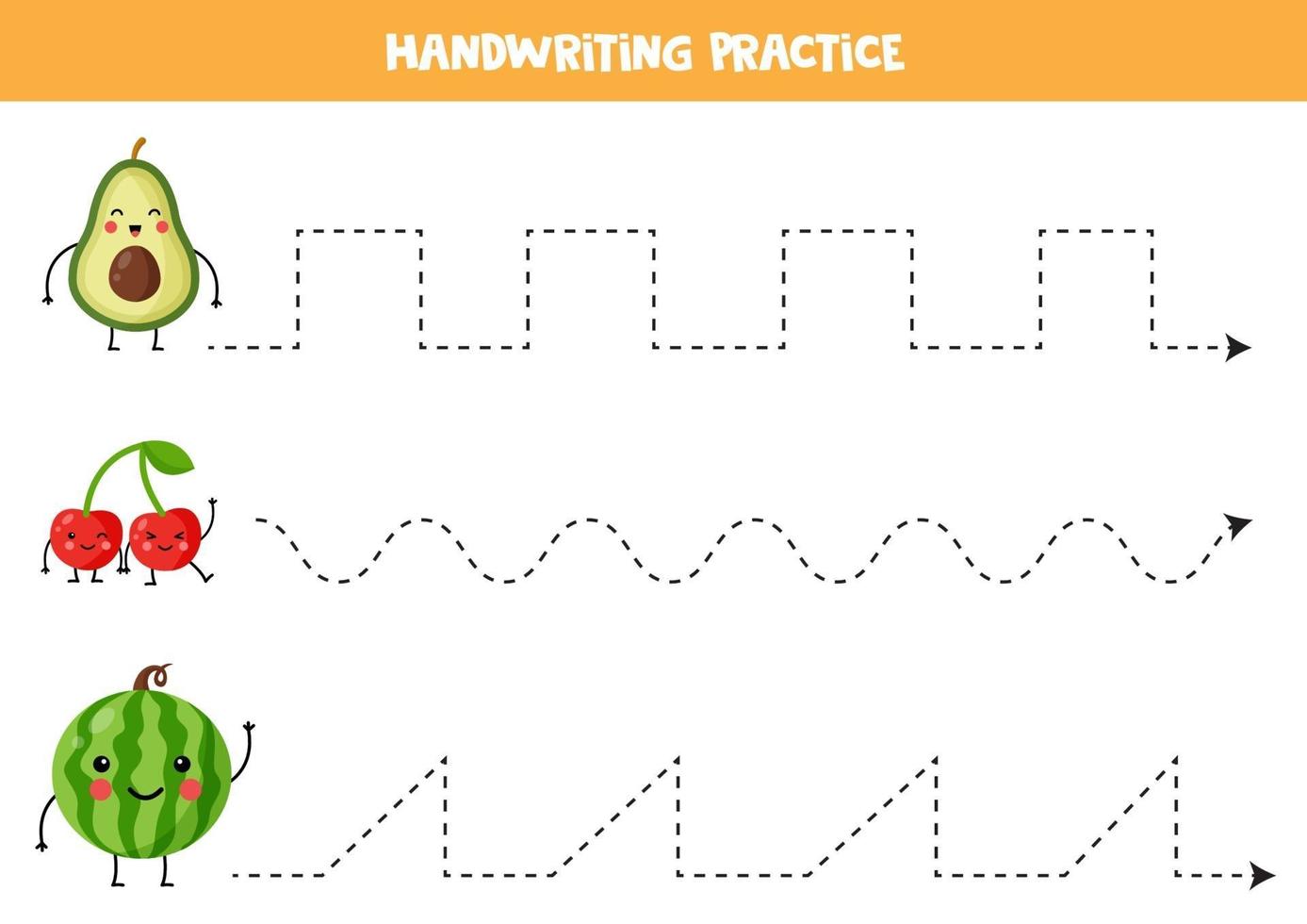 Tracing lines with cute kawaii avocado, cherry, watermelon. vector