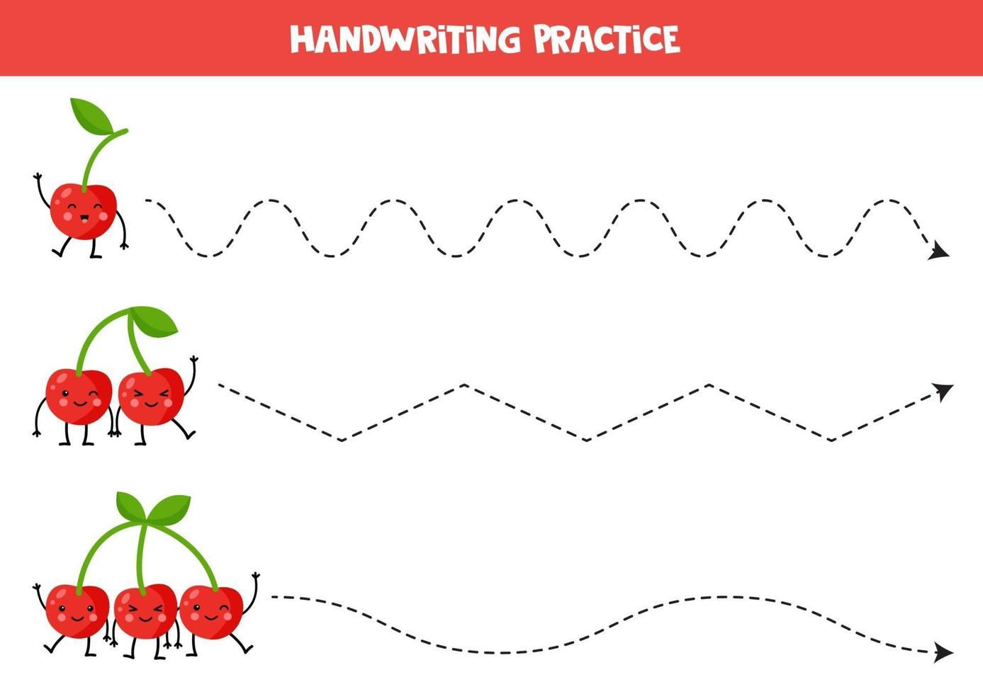 Tracing lines with cute kawaii cherries. Game for kids. vector