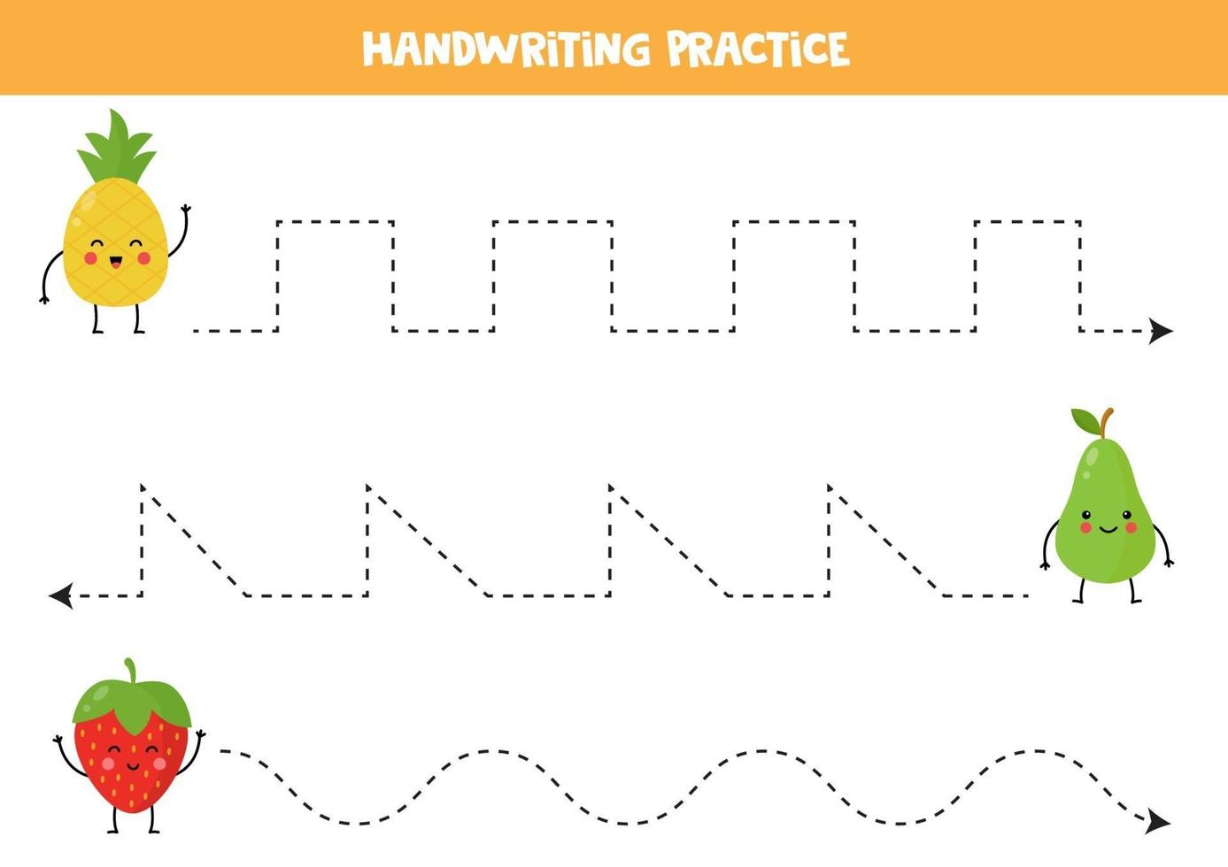 Trace the lines with cute kawaii fruits. Writing practice. 16