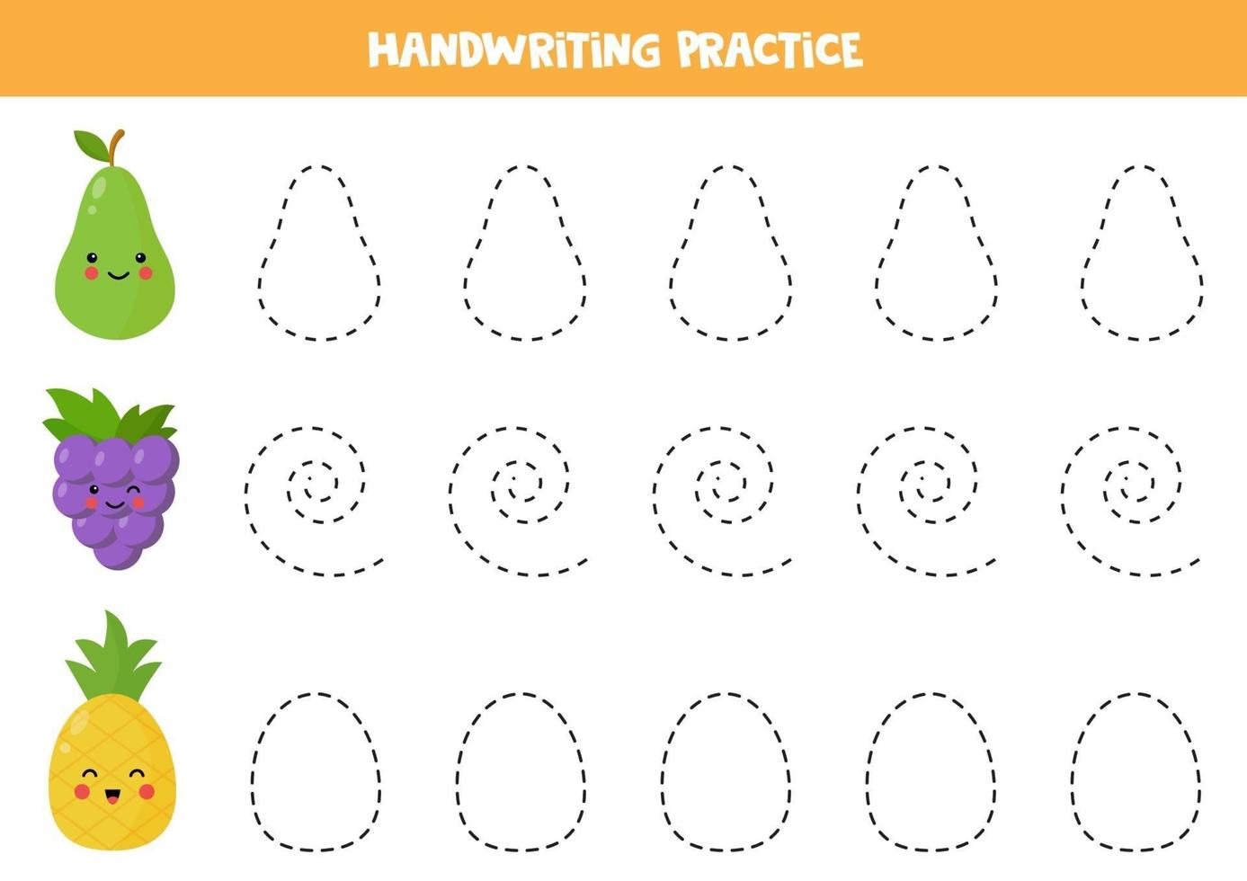 Handwriting practice with cute kawaii pear, grape and pineapple. vector