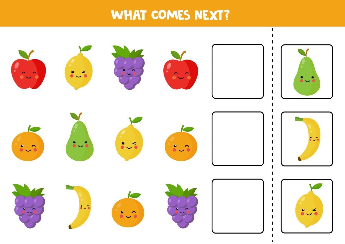 What comes next with cute kawaii fruits. vector