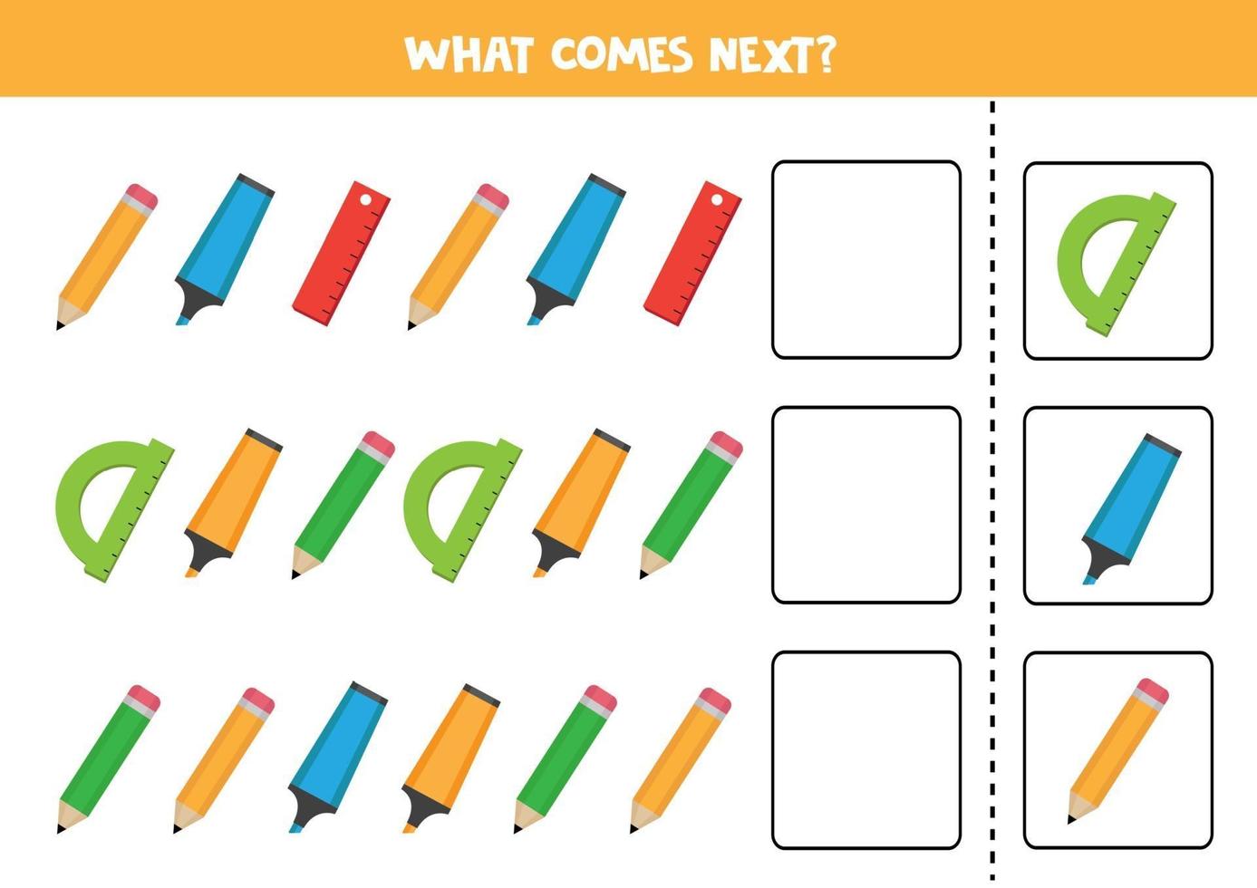 Logical game with pencils, highlighters and rulers. Continue the sequence. vector