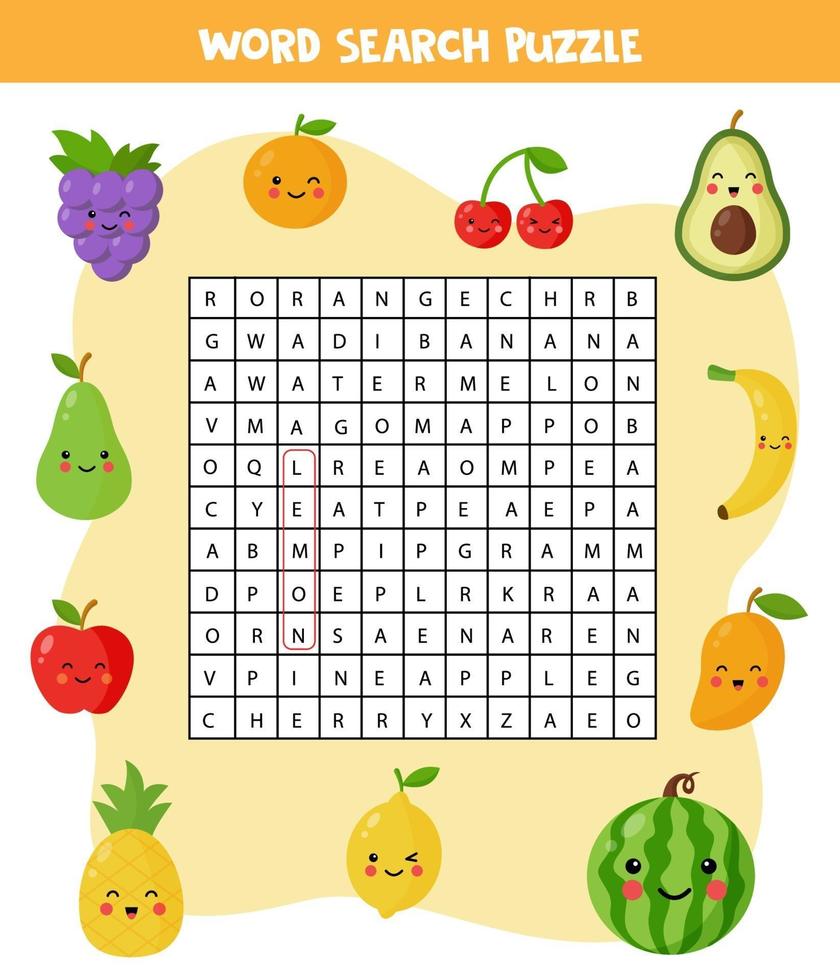 Words search puzzle for children. Set of colorful fruits. vector