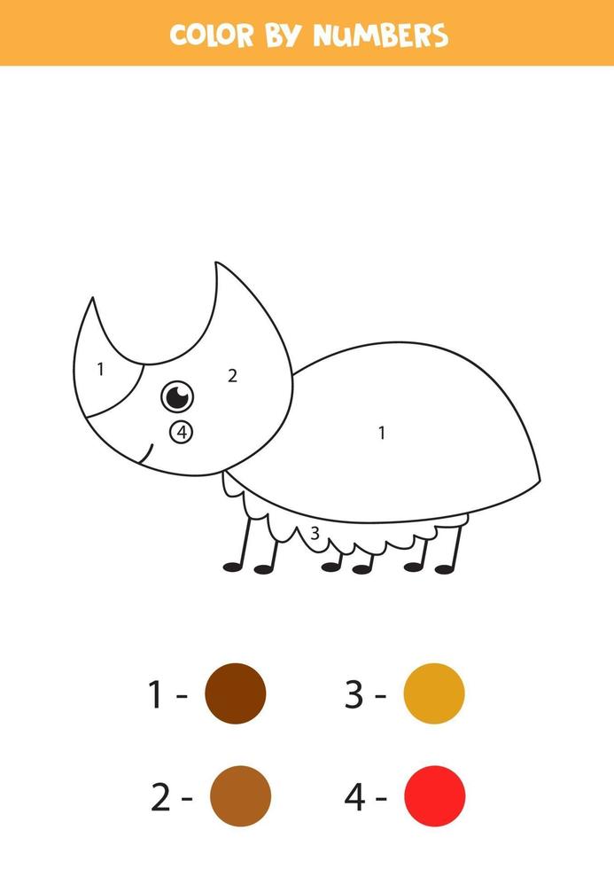 Color cute rhino beetle by numbers. Worksheet for kids. vector