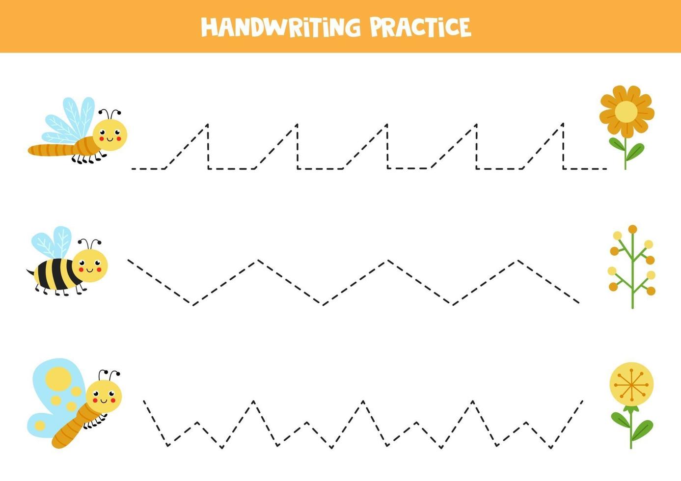 Trace the lines with cute insects and flowers. Writing practice. vector