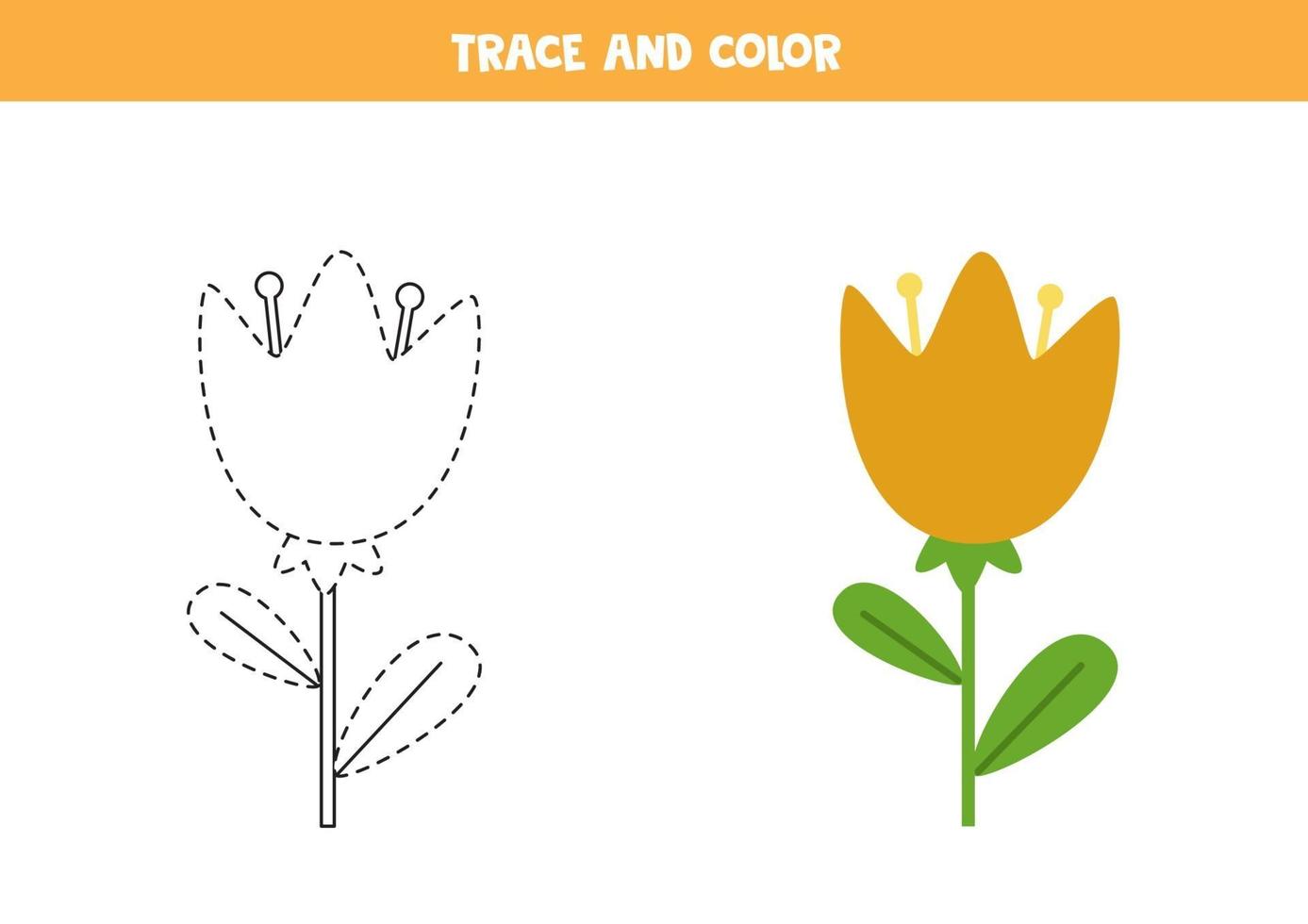 Trace and color cute spring flower. Worksheet for kids. vector