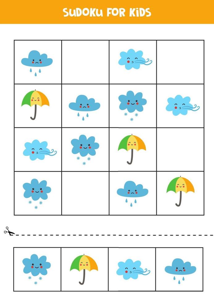 juego de sudoku para niños con lindos eventos meteorológicos. vector