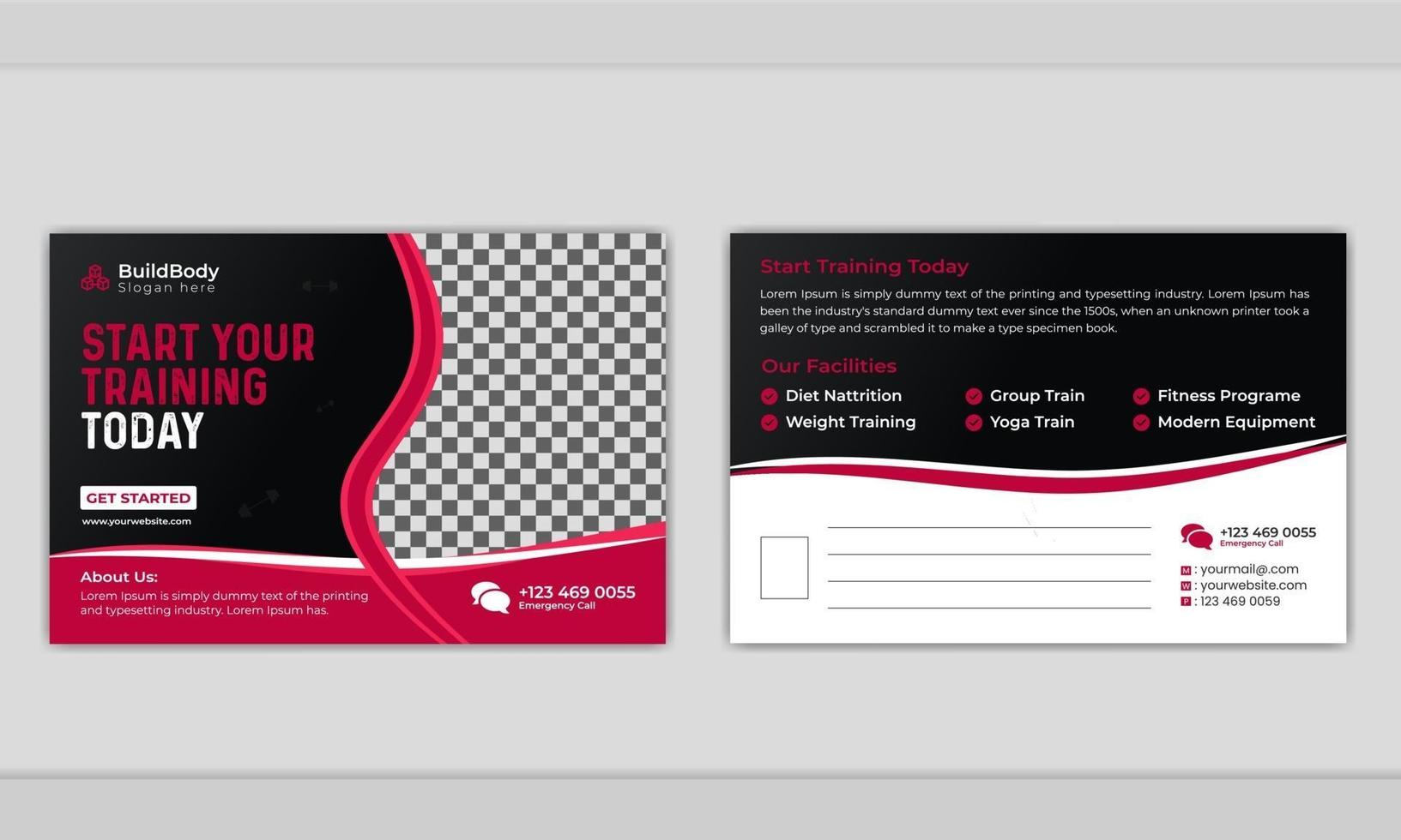 Modern professional gym, fitness postcard template. vector