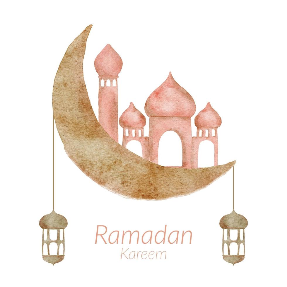 Ramadan Kareem watercolor with mosque moon islamic lantern illustration vector