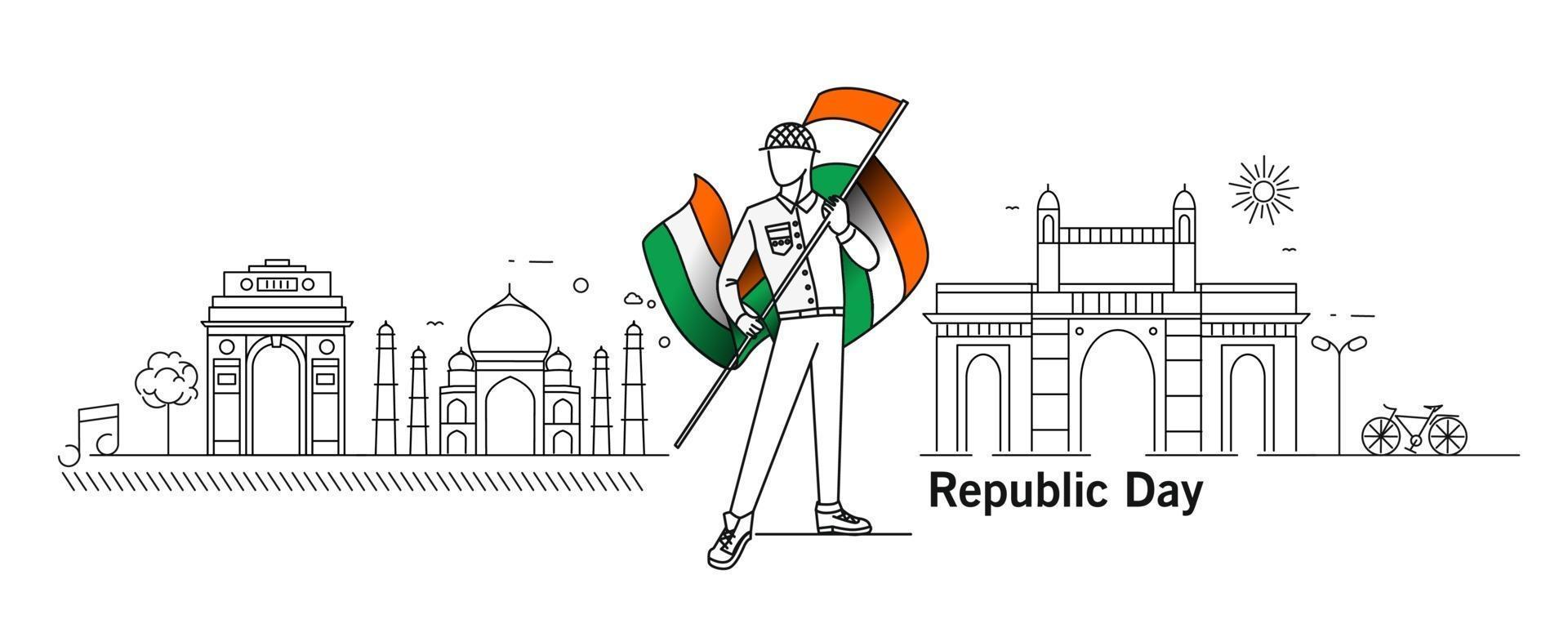 26 de enero concepto del día de la república con un niño sosteniendo la bandera india puerta de la india taj mahal puerta de entrada de la india mumbai. vector