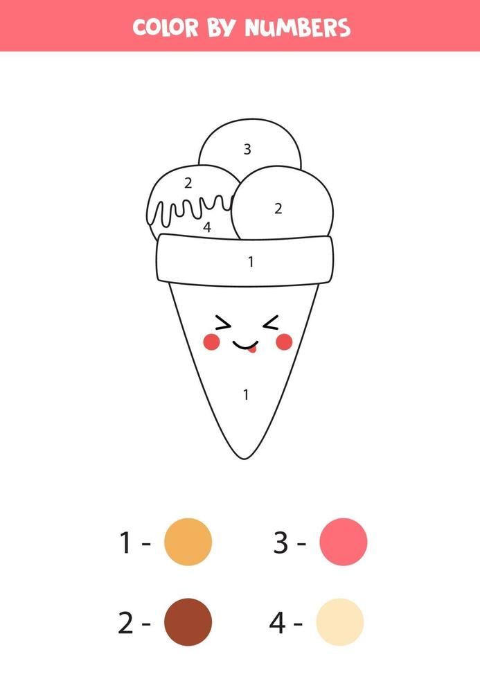 Color cute kawaii ice cream cone by numbers. vector