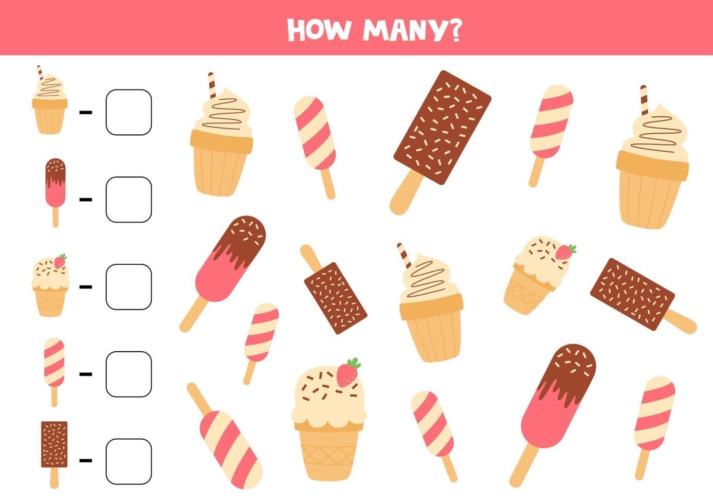 Count the amount of ice creams. Math game for kids. vector