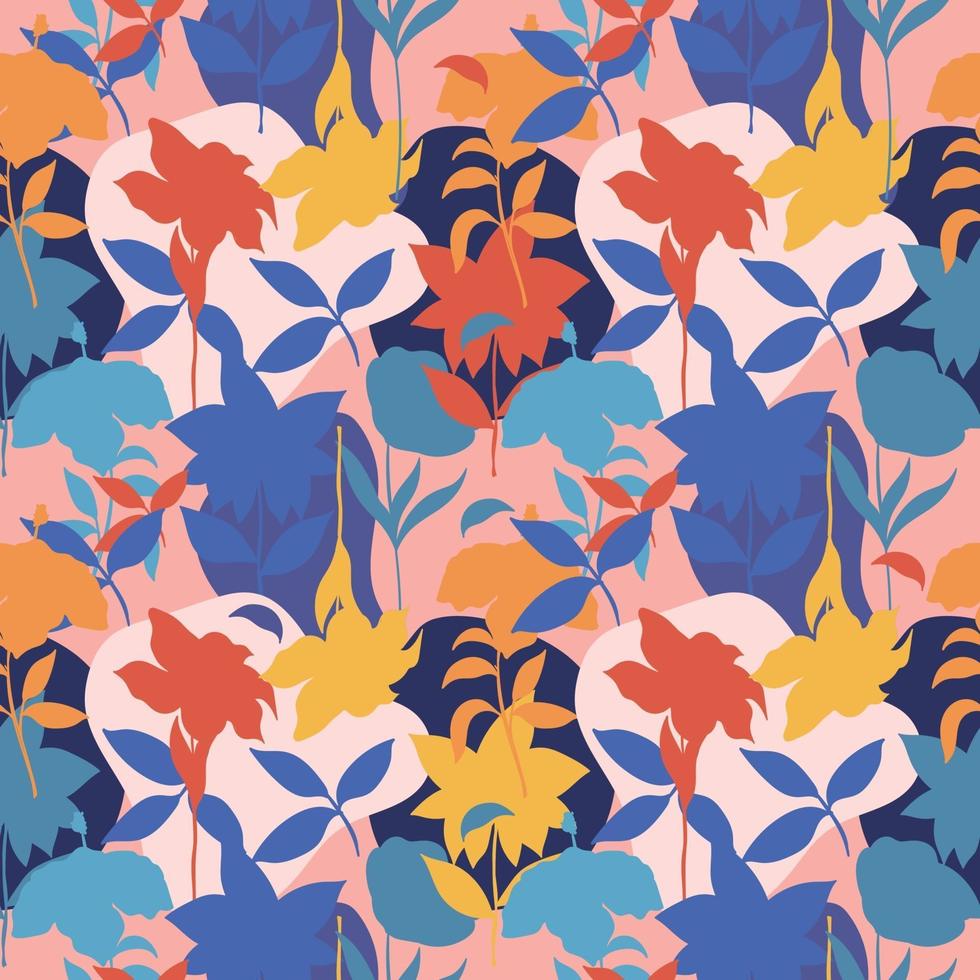 Abstract seamless pattern with colorful silhouette leaves and flowers Background vector