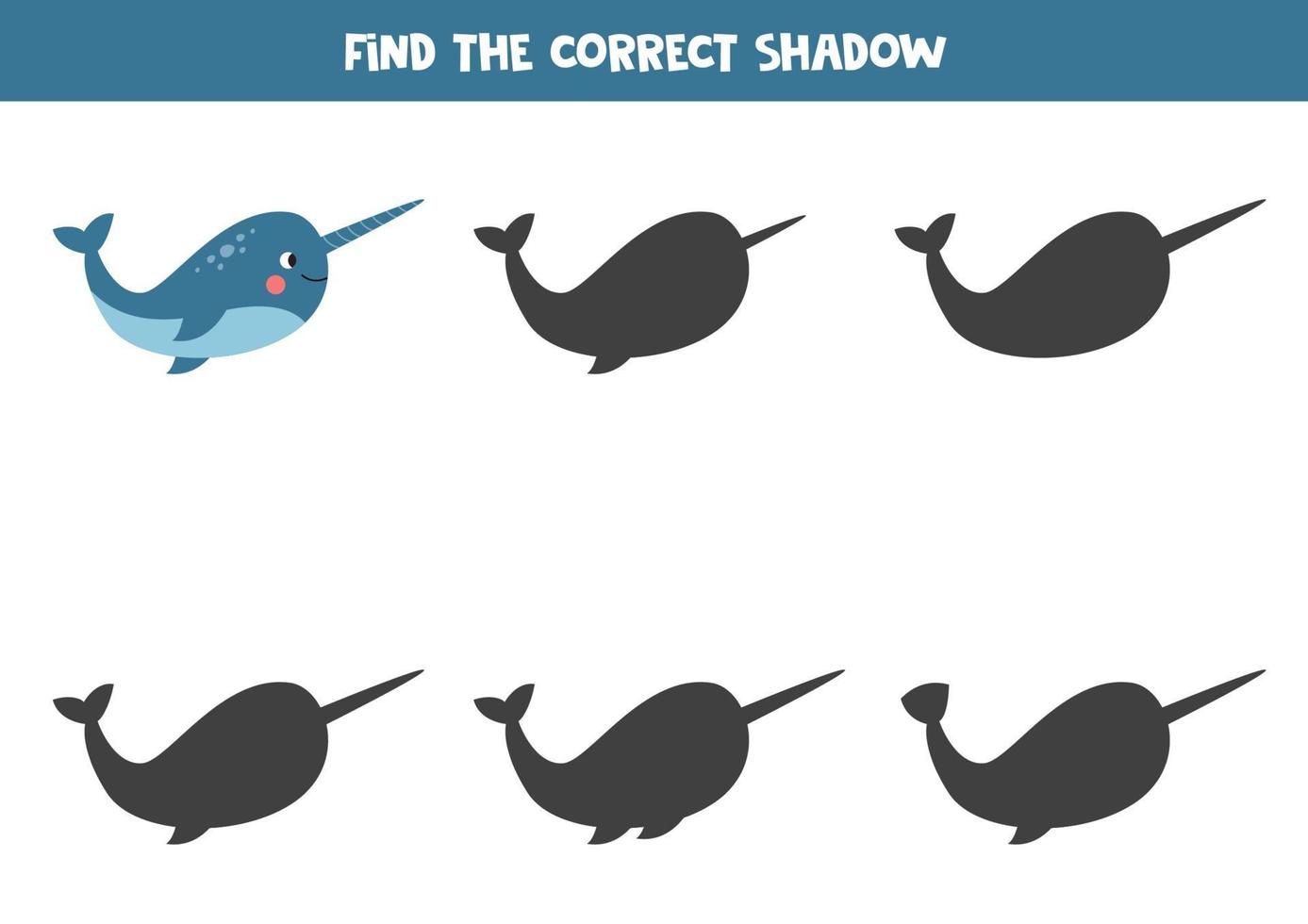 Find the correct shadow of cartoon narwhal. vector