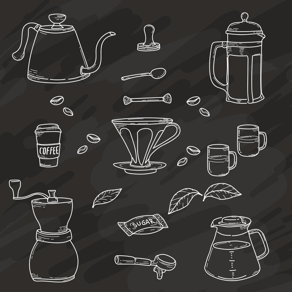 set of hand drawn coffee accessories vector