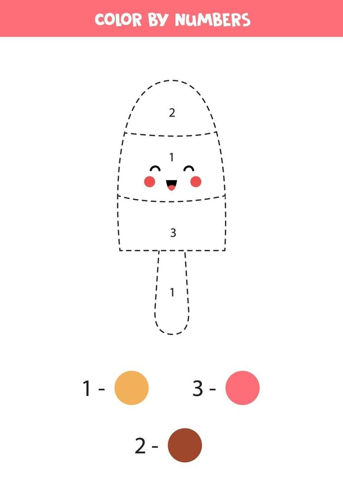 Color cute kawaii ice cream by numbers. vector