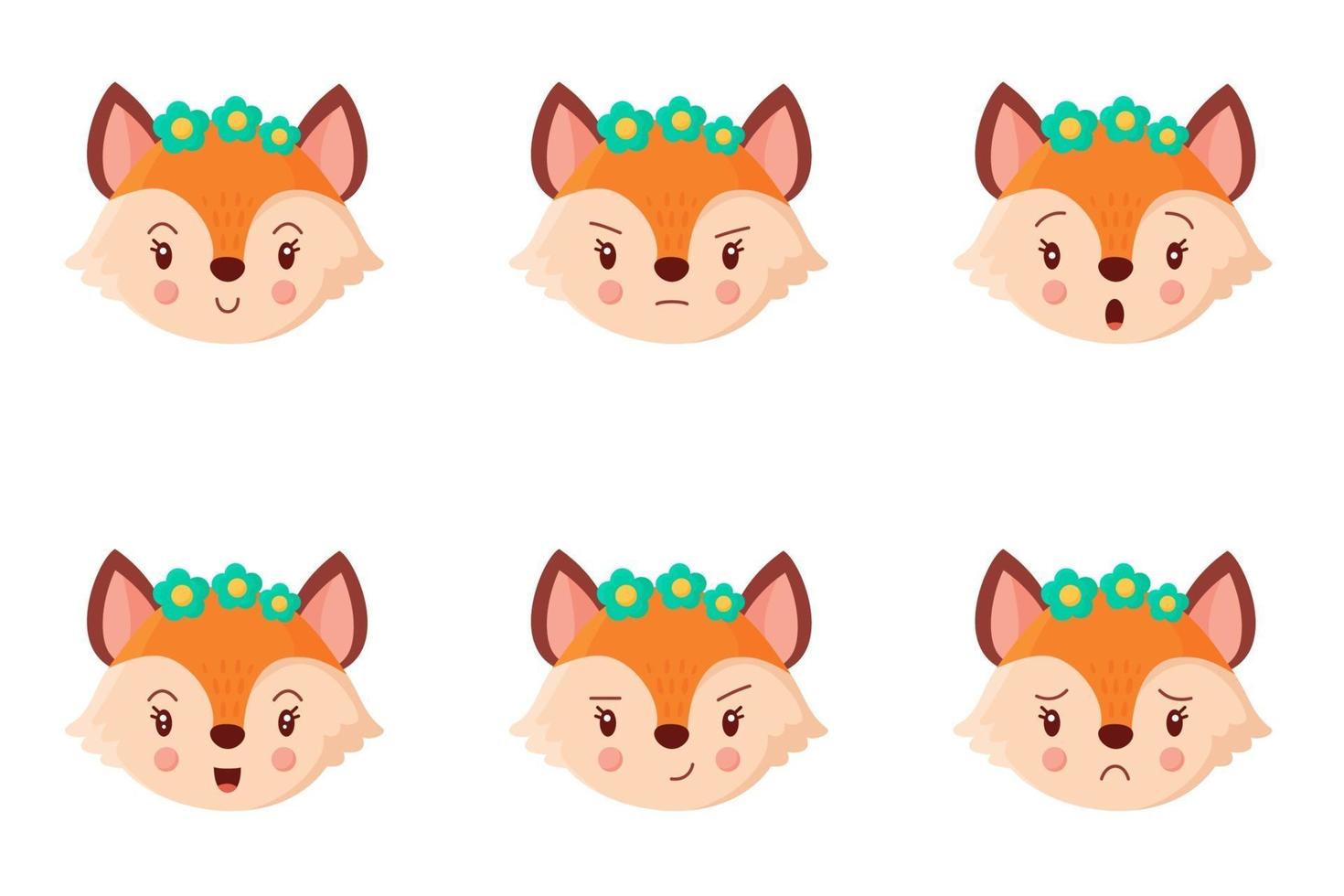 Collection of cute cartoon fox feelings. Vector illustration.