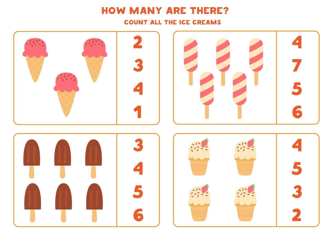 Counting game for kids. Set of ice creams. vector