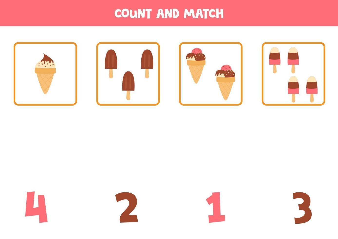 Counting game for kids. Cute cartoon ice creams. Match objects and numbers. vector