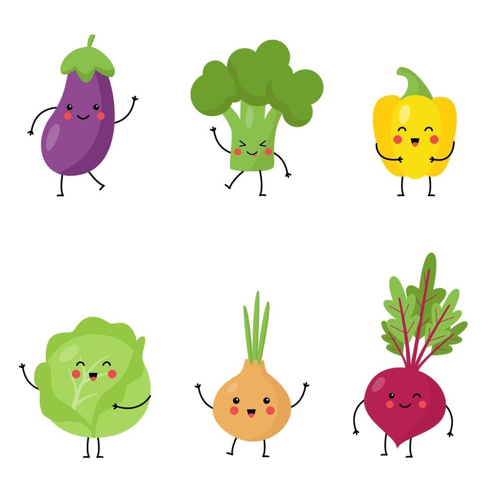 Collection of cute kawaii vegetables on white background. vector