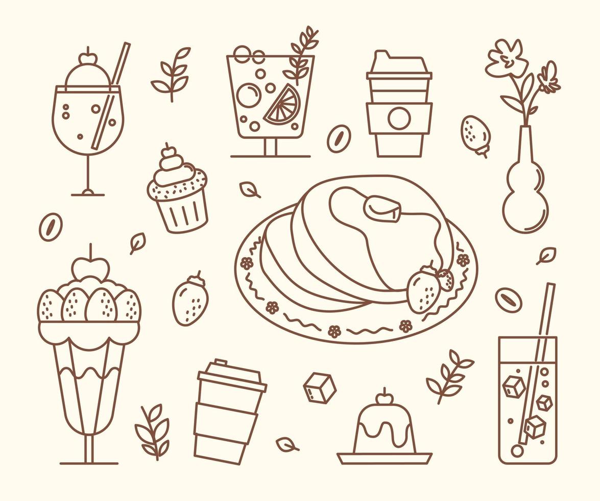 bebidas dulces y pasteles en la cafetería. Ilustración de vector mínimo de estilo de diseño plano.