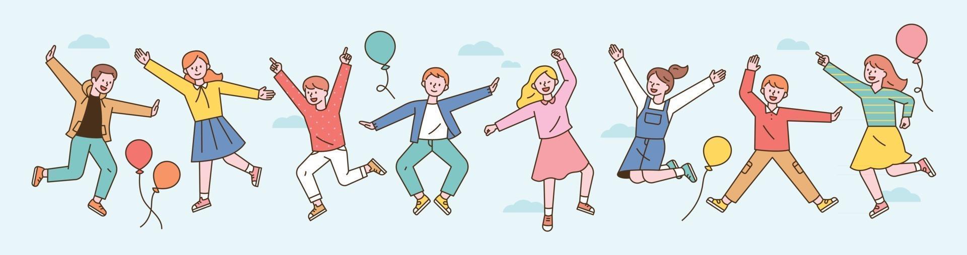 Cute children jumping with their arms up in the sky. flat design style minimal vector illustration.