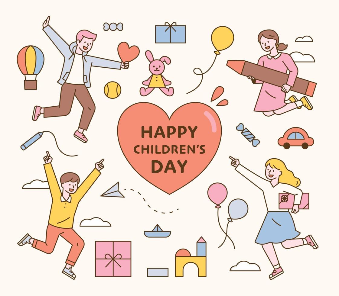 Happy Children's Day card. Children are jumping with excitement, and presents are decorated around them. flat design style minimal vector illustration.