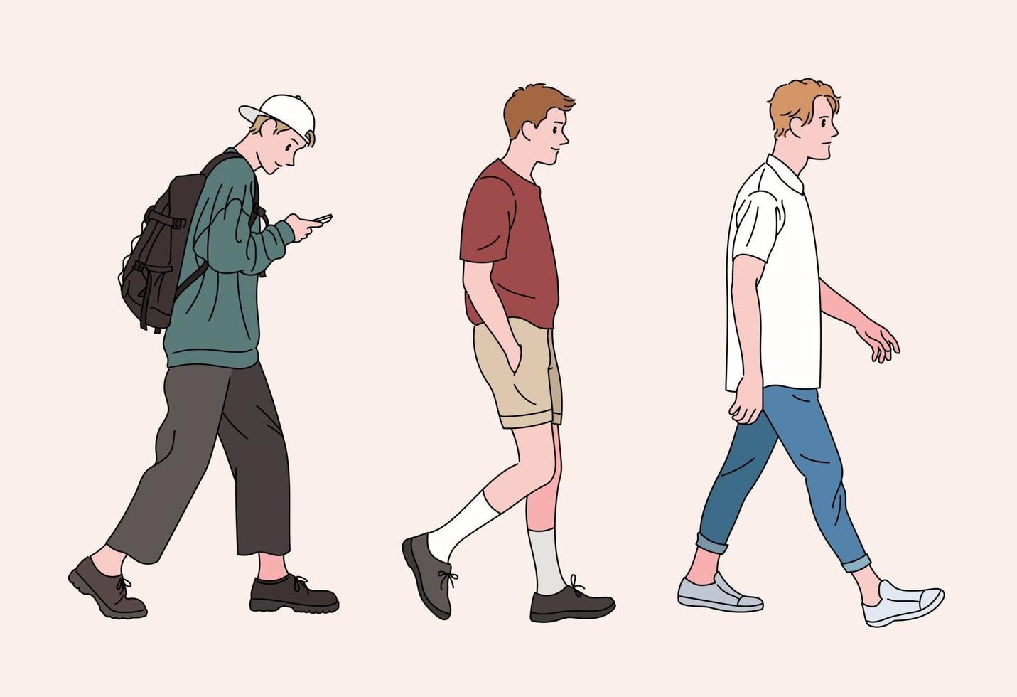 los hombres de estilo casual están caminando. ilustraciones de diseño de vectores de estilo dibujado a mano.