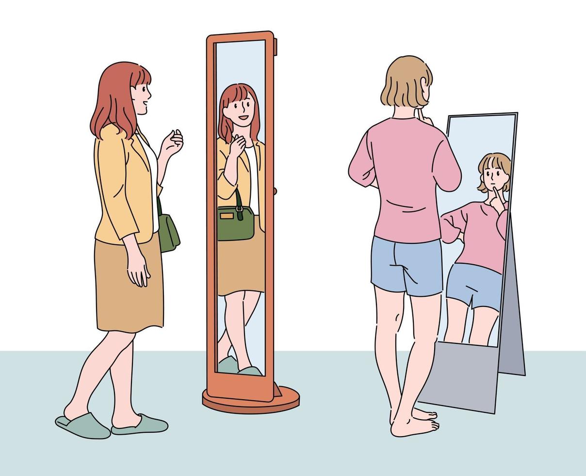 A woman is standing in front of a full-length mirror and looking at herself. hand drawn style vector design illustrations.