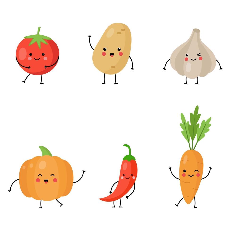 Collection of cute kawaii vegetables on white background. vector