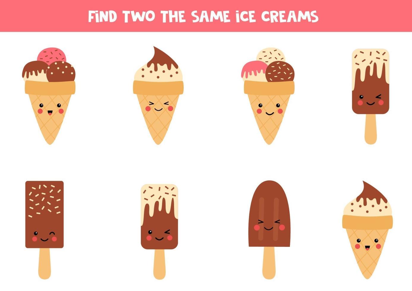 Find two identical kawaii ice creams. Game for preschoolers. vector