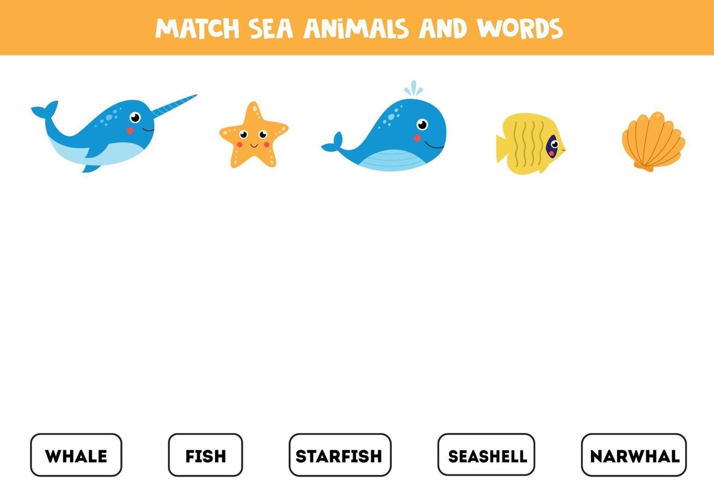 Match pictures of sea animals with the words. vector