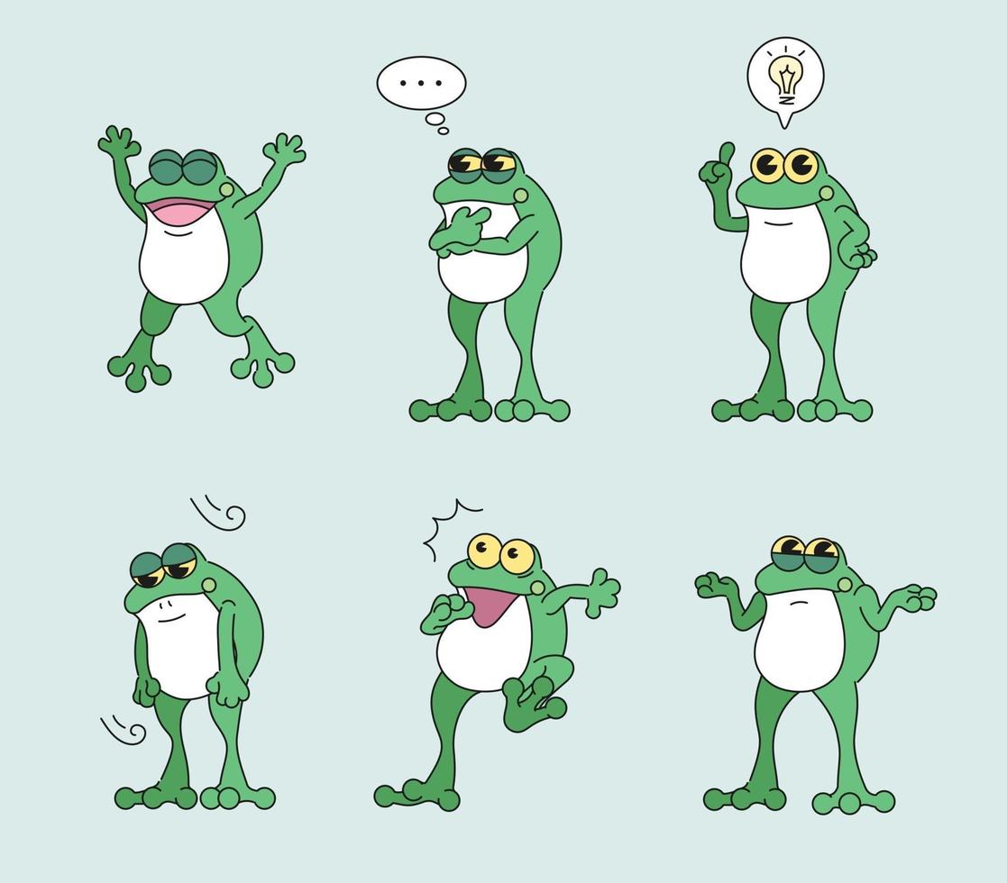 un personaje de rana que expresa diversas emociones. ilustraciones de diseño de vectores de estilo dibujado a mano.