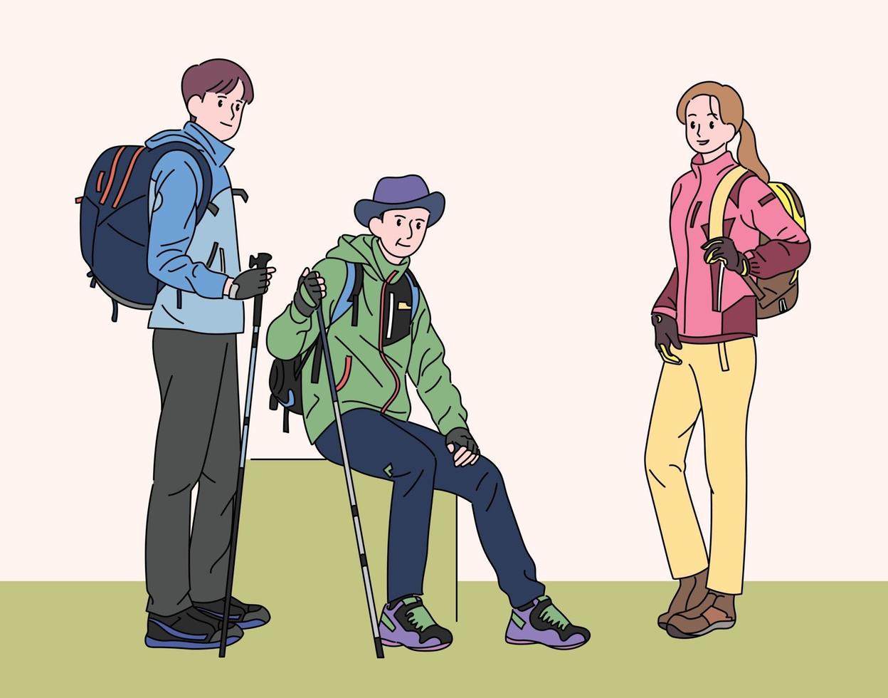 People wearing mountaineering clothes. hand drawn style vector design illustrations.