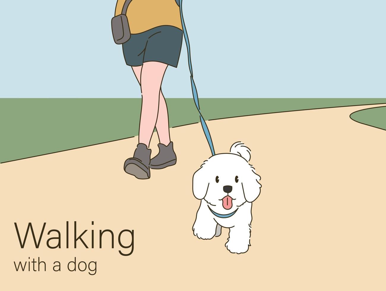 un perro paseando con su dueño. ilustraciones de diseño de vectores de estilo dibujado a mano.