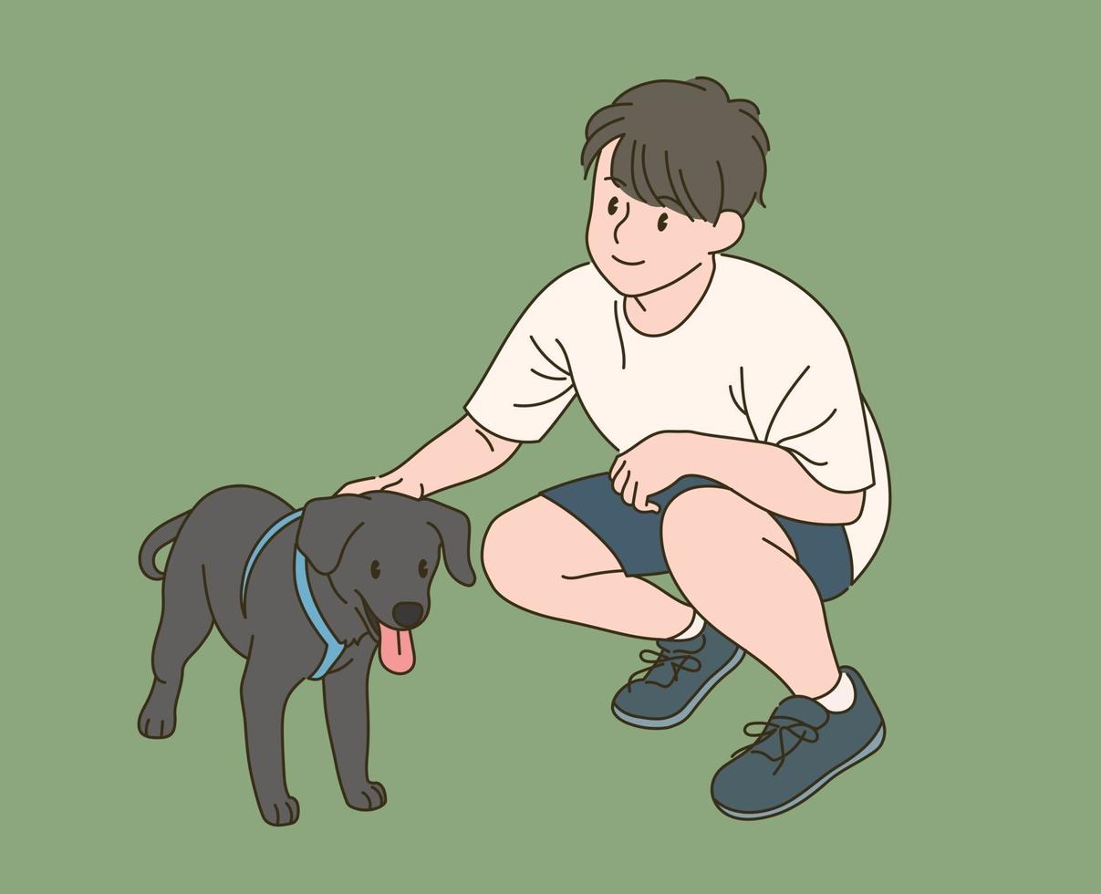 Boy petting a little dog. hand drawn style vector design illustrations.