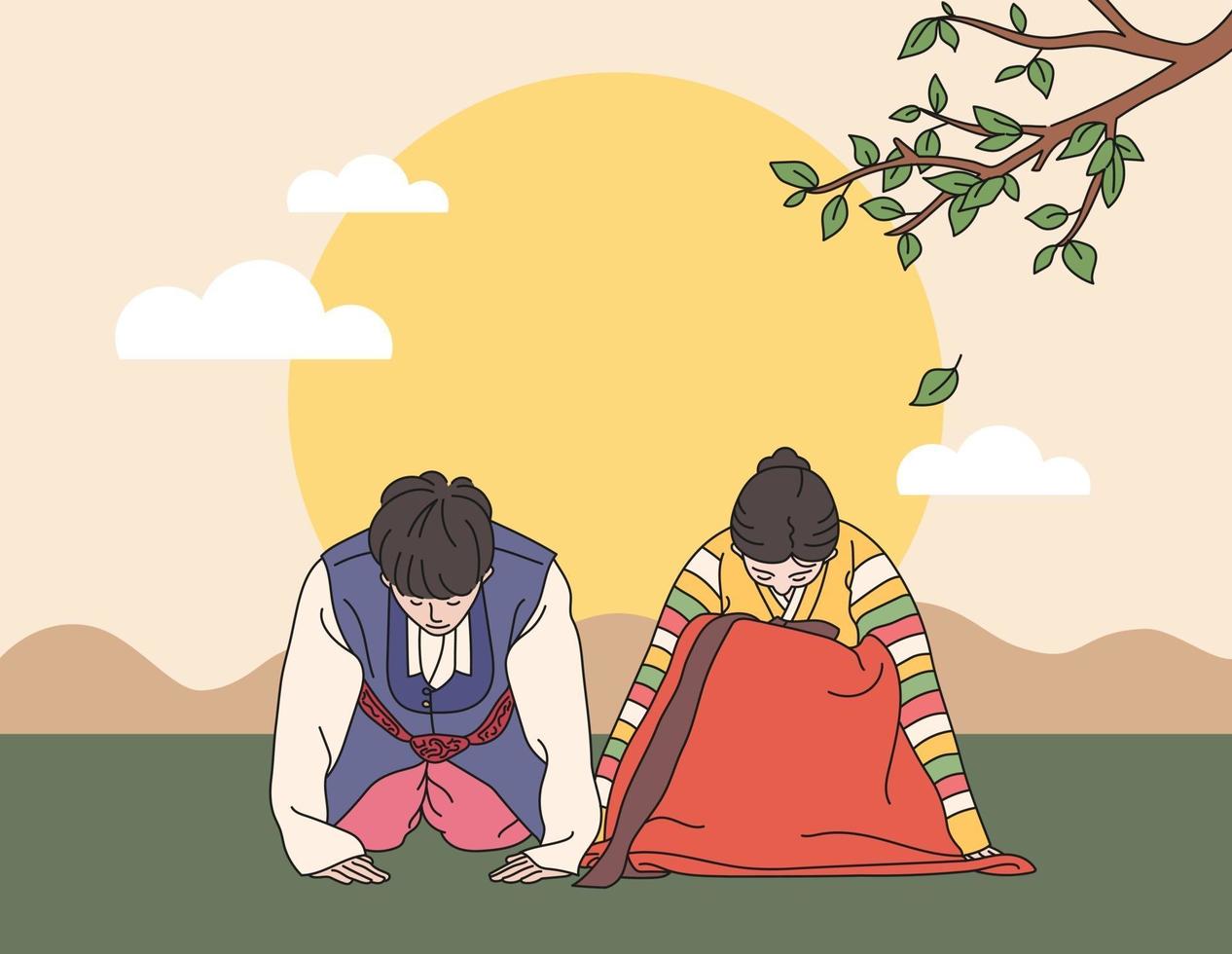 A couple in traditional Korean costumes doing a traditional greeting. hand drawn style vector design illustrations.