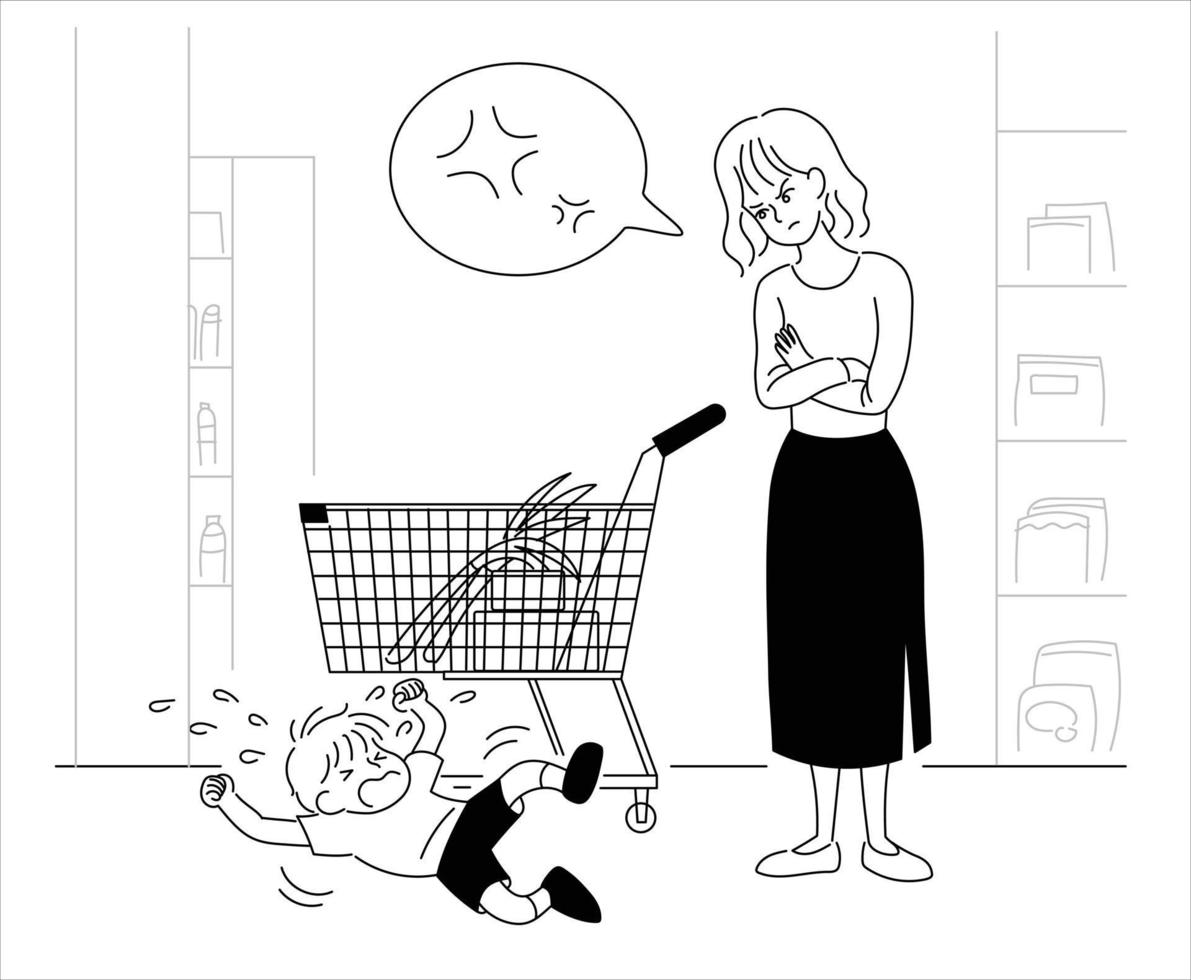 Angry mother with her child swarming by the shopping cart. hand drawn style vector design illustrations.