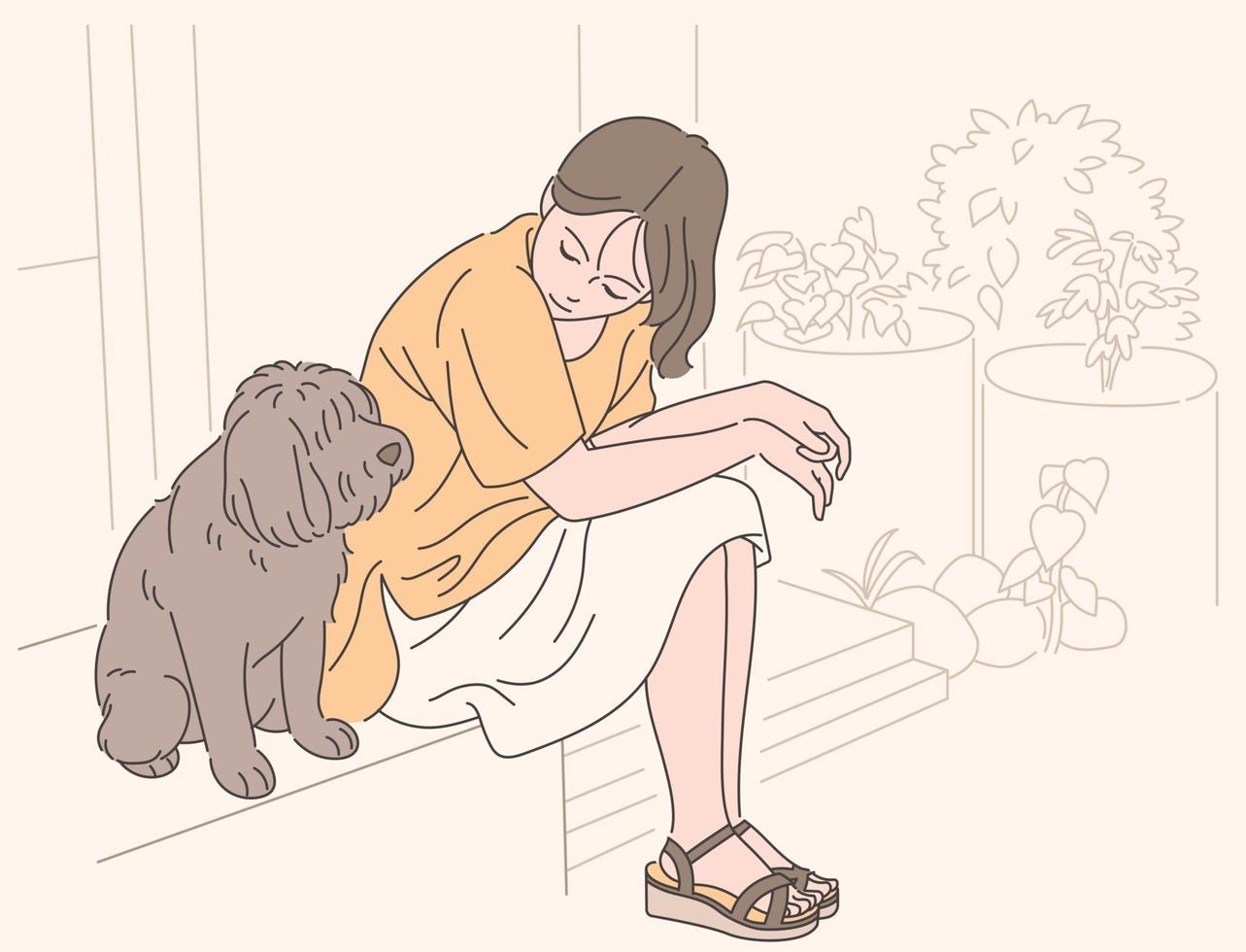 A girl is sitting affectionately in the yard with her dog. hand drawn style vector design illustrations.