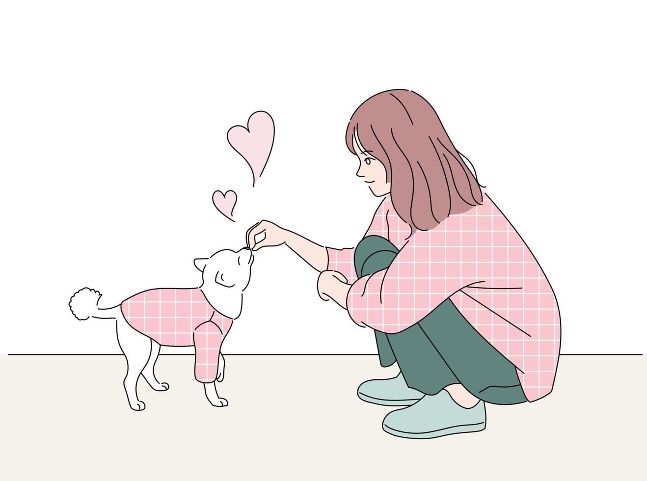 Girl and cute dog. They are wearing the same clothes. hand drawn style vector design illustrations.