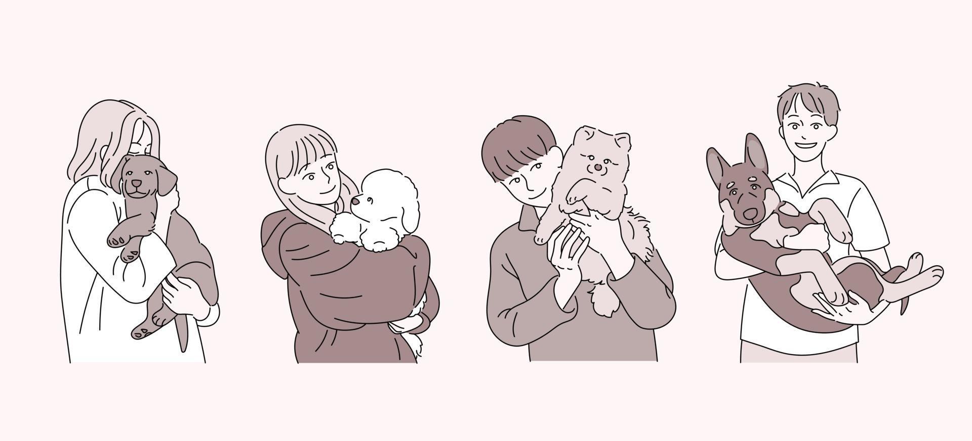People holding dogs. hand drawn style vector design illustrations