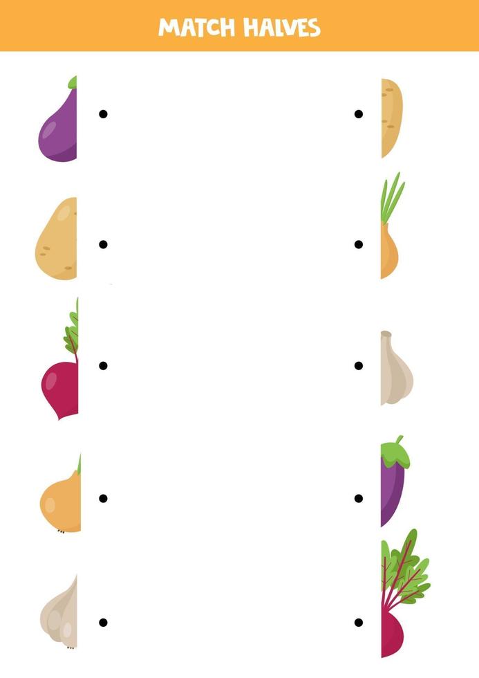 Find the half of each vegetable. Funny worksheet for kids. vector