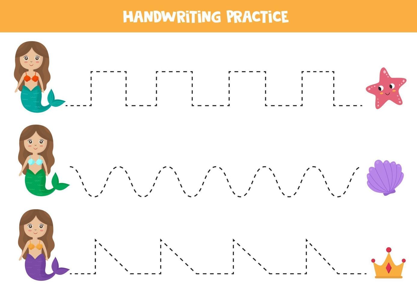 Tracing lines worksheet with mermaids and sea animals. vector